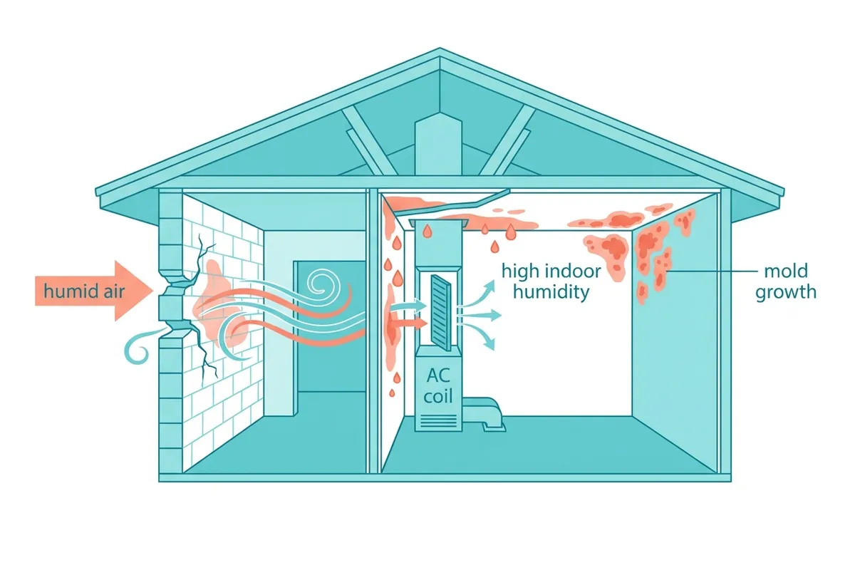 Diagram: wet-season humidity and AC condensation feeding mold growth in a Florida block home