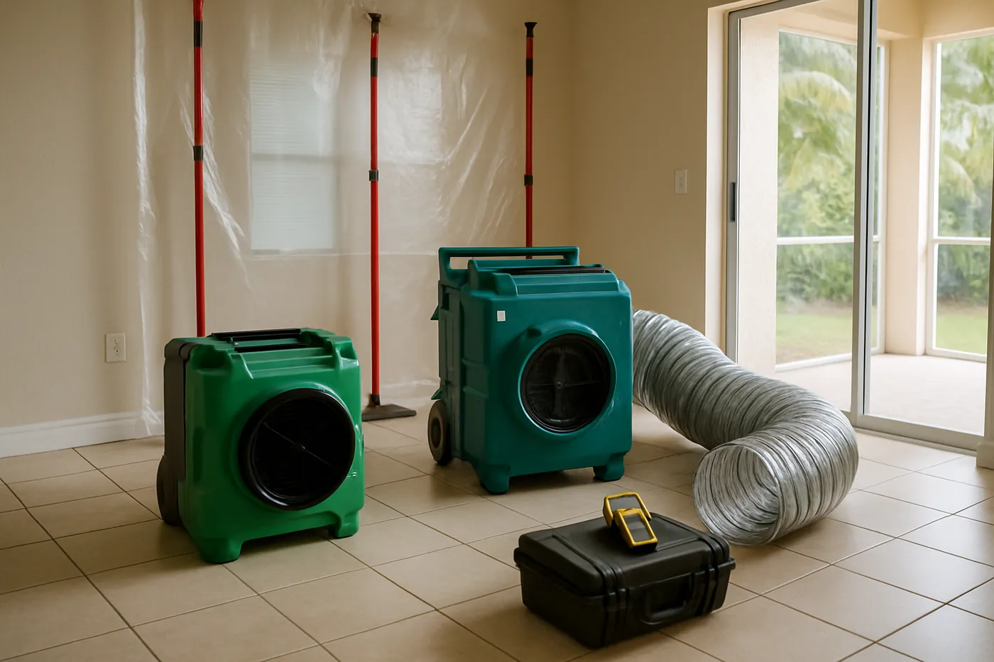 HEPA air scrubber and negative air machine staged for a mold removal job in Sarasota